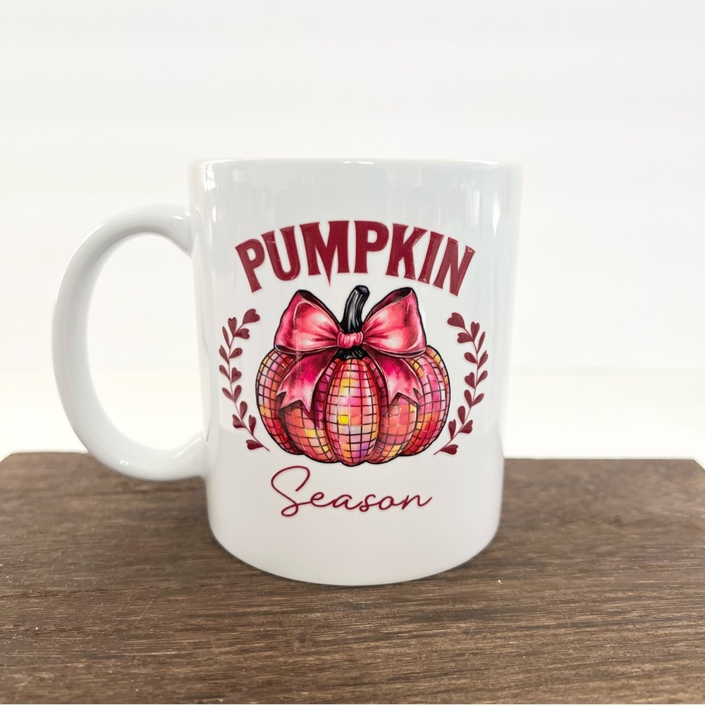 Pumpkin Season Fall Coffee Mug – Pink Disco Pumpkin with Bow – 11oz Ceramic